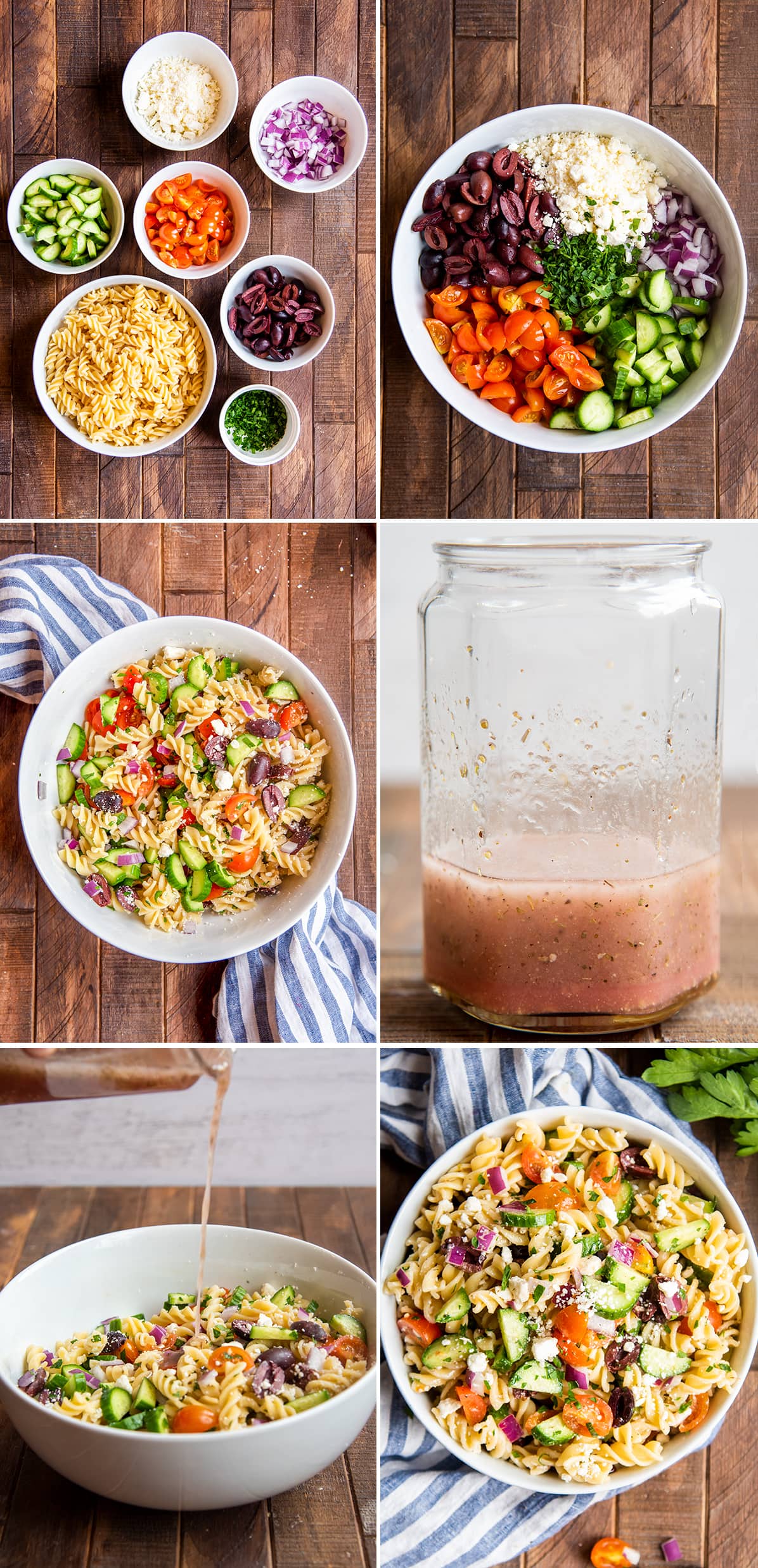 A collage of 6 images showing how to make greek pasta salad in steps.