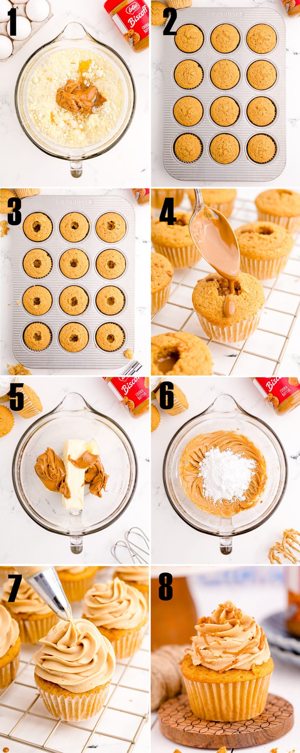 A collage of 8 photos showing how to make Biscoff Cupcakes.