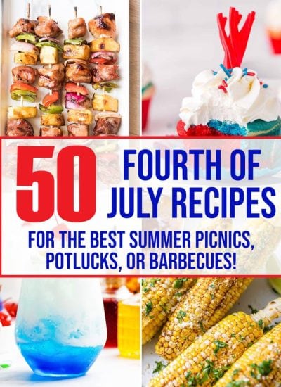 A collage of four food images, kebabs, cupcakes, italian sodas, and corn with a text overlay saying they are great for the Fourth of July.