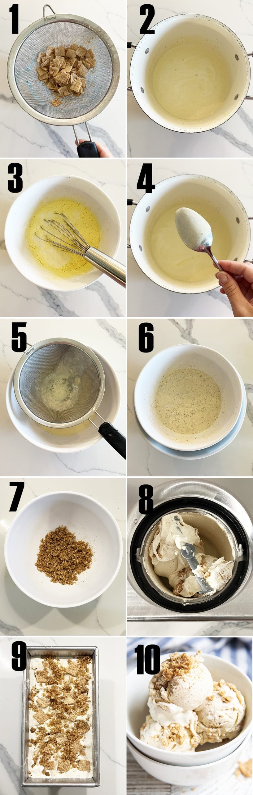 A collage of 10 images showing how to make Cinnamon Toast Custard.