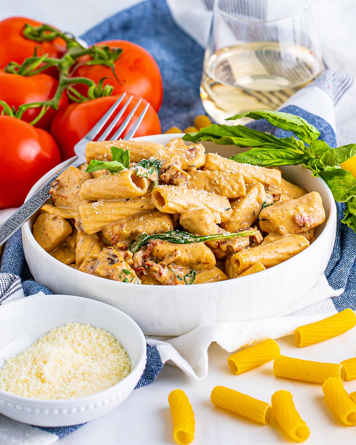 A bowl of Tuscan chicken pasta