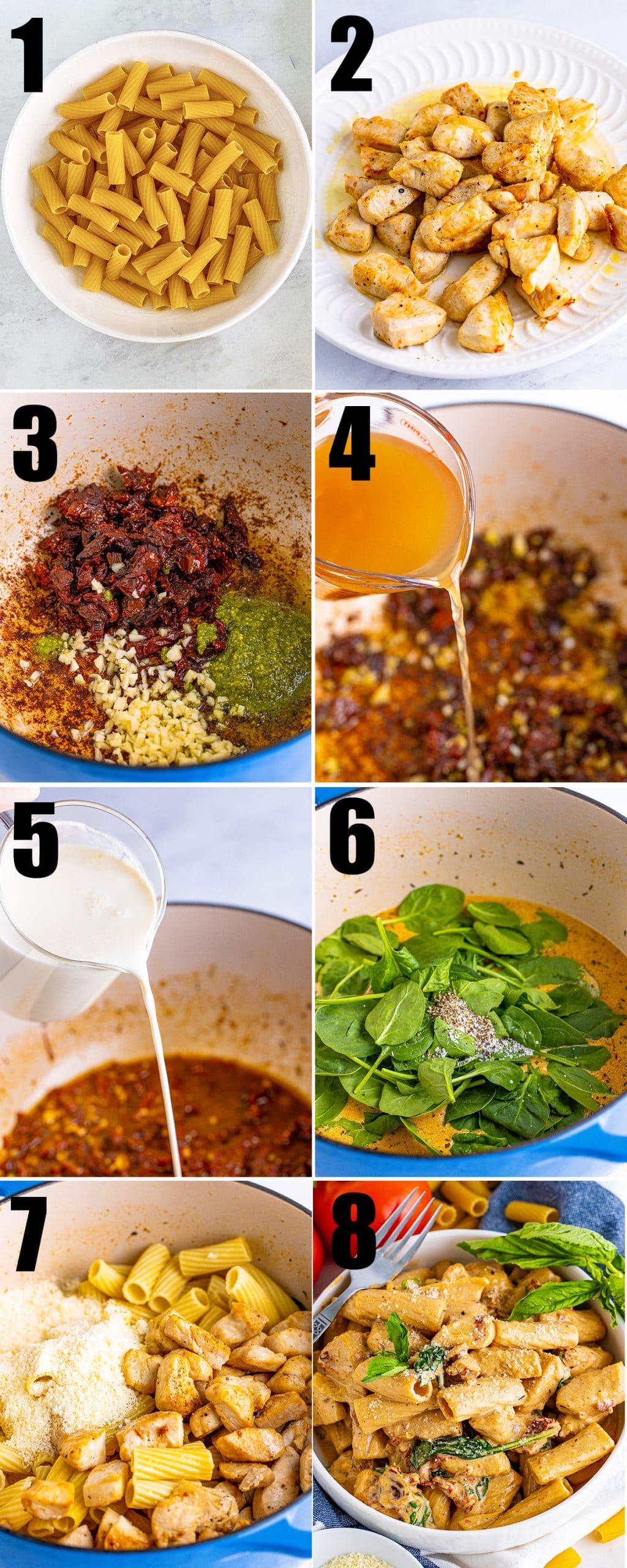 A collage of 8 images showing the steps of how to make Tuscan chicken pasta.