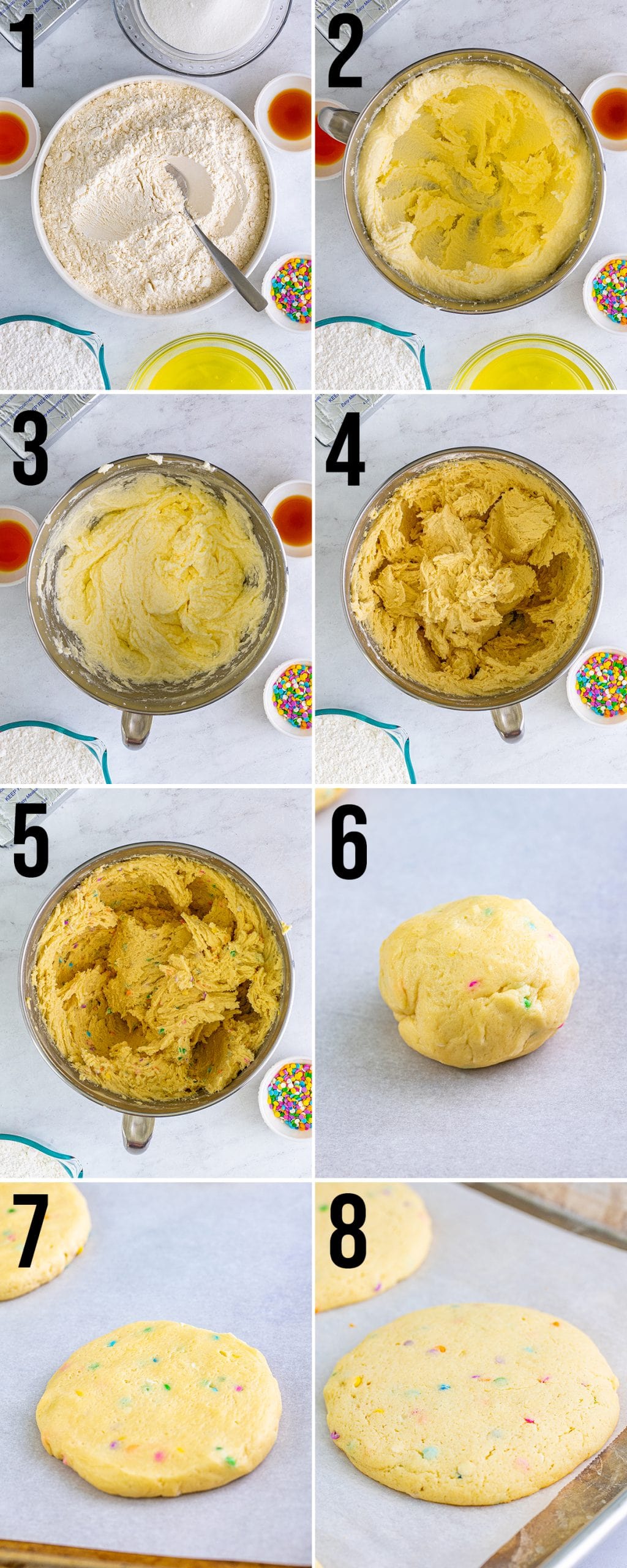 A collage of 8 photos showing how to make confetti cake cookies.