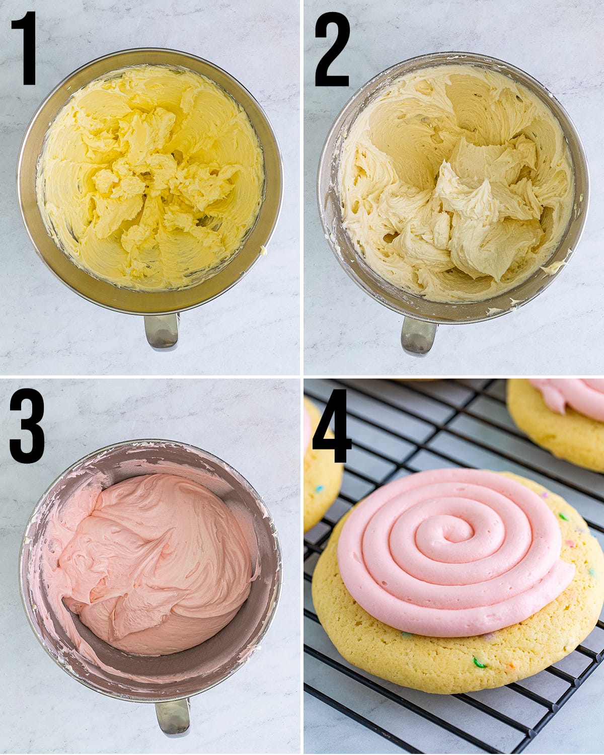 A collage of 4 photos showing how to make pink vanilla cream cheese frosting, and pipe it onto cookies. 