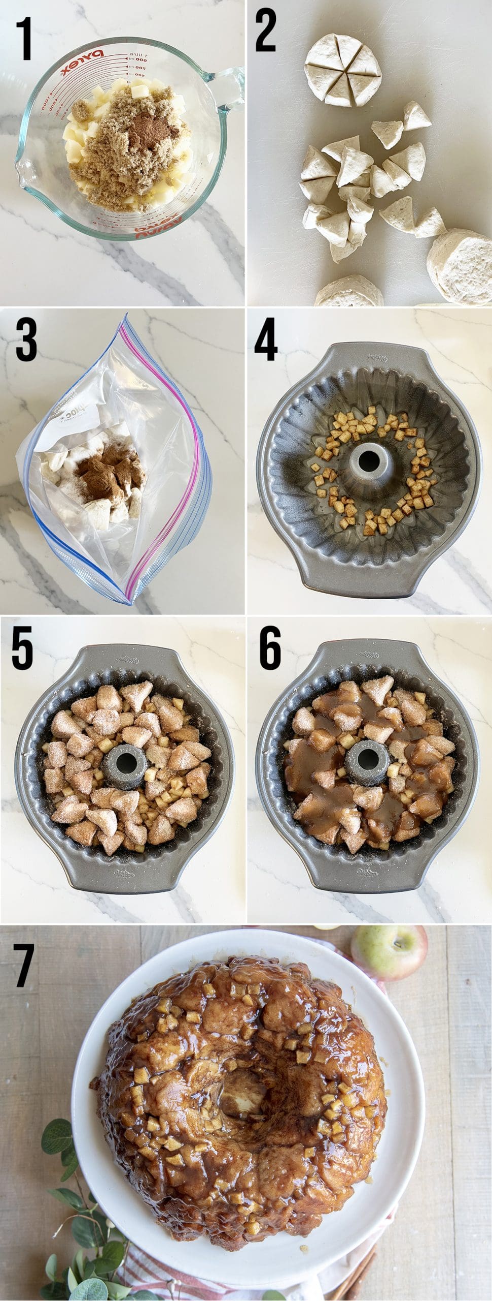 A collage of the step by step photos showing how to make apple monkey bread.