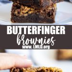 A collage of two images of butterfinger topped brownies with a text block between them.