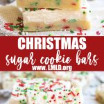 A collage of two images of Christmas sugar cookie bars with a text block between them.