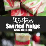 A collage of two photos of Christmas swirled fudge with a text block between them.