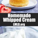 A collage of two images of homemade whipped cream with a text block between them.