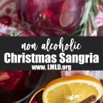 A collage of two images of a red Christmas sangria with a text block between them.