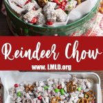A collage of two photos of reindeer chow muddy buddies with a text block between them.