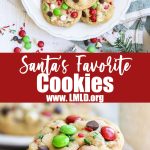 A collage of two images of Christmas m&m cookies with a text block between them.