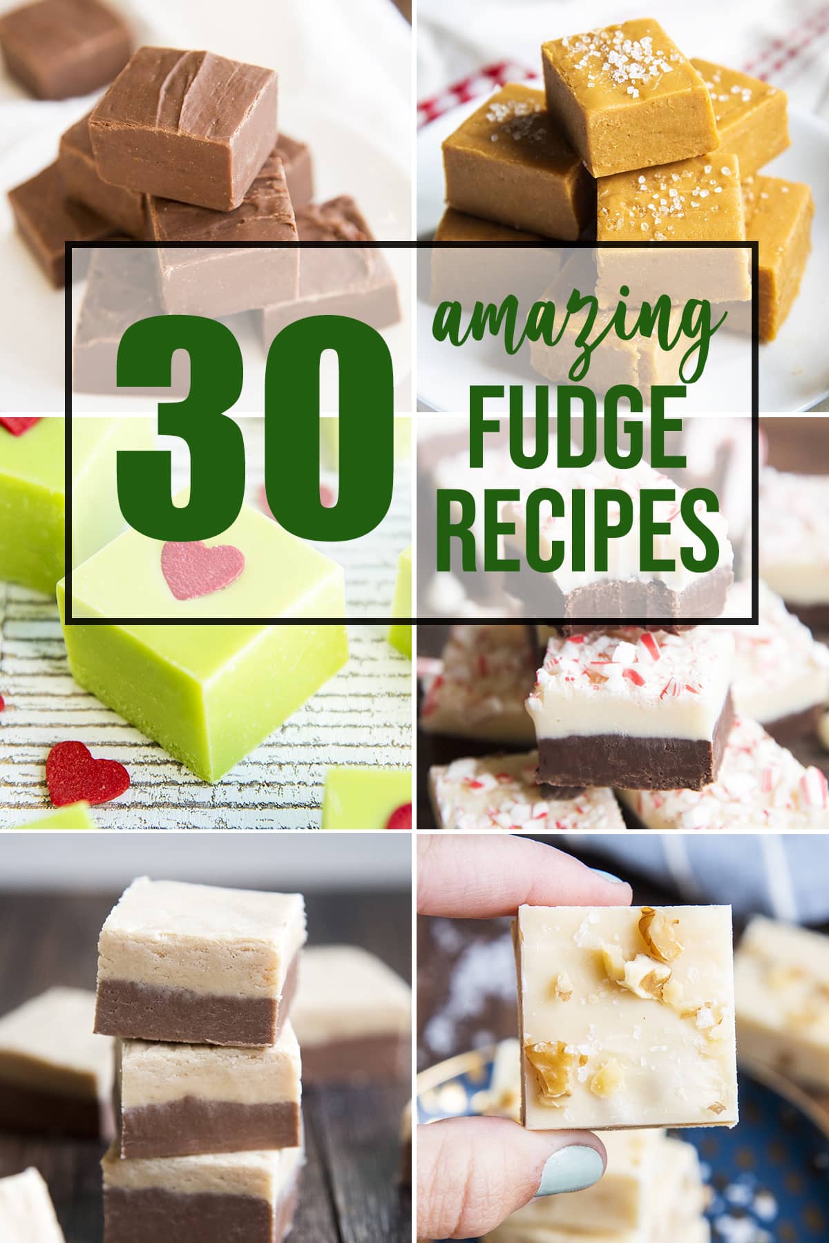 A collage of 6 photos of different types of fudge.