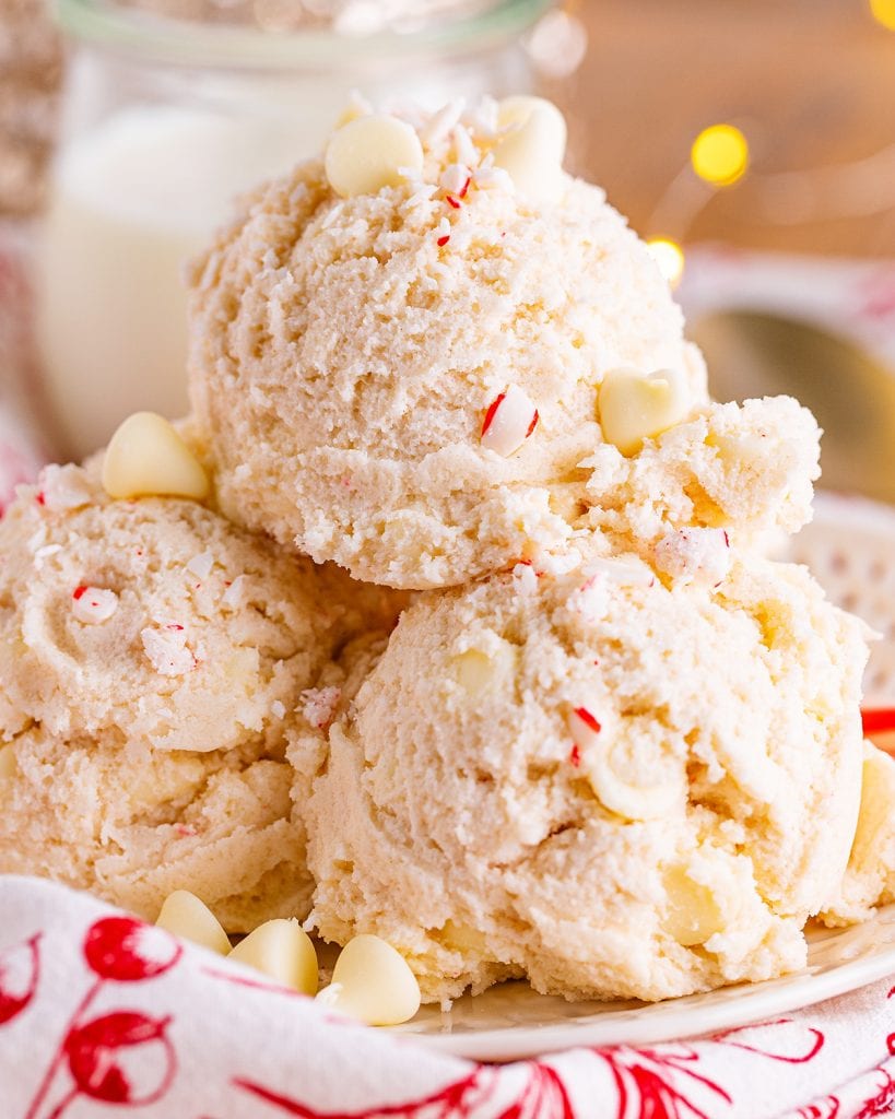 A close up of scoops of peppermint cookie dough.