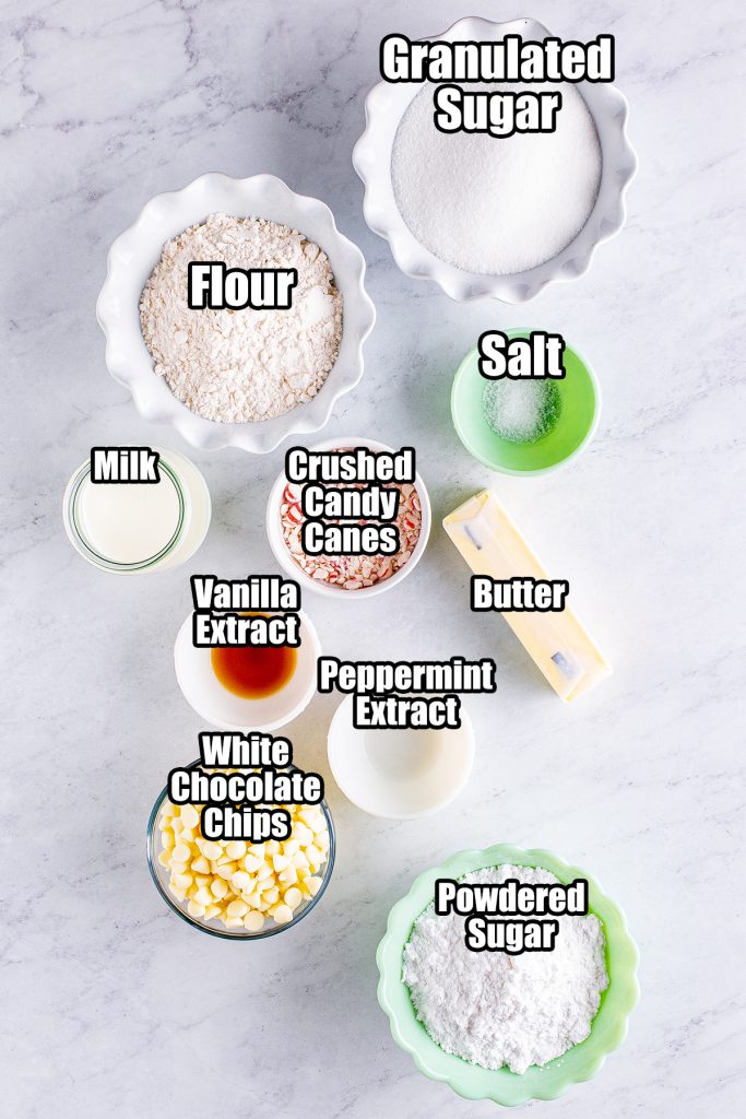 An overhead photo of the ingredients needed to make edible peppermint cookie dough.