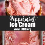A collage of two photos of peppermint ice cream with a text block for pinterest between them.