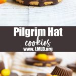 A collage of two photos of pilgrim hat "cookies" with a text block between them for pinterest.