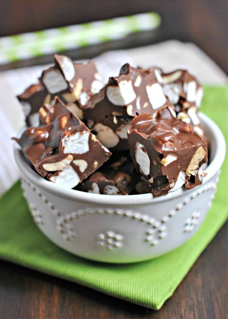 A bowl of chocolate rocky road fudge pieces. 