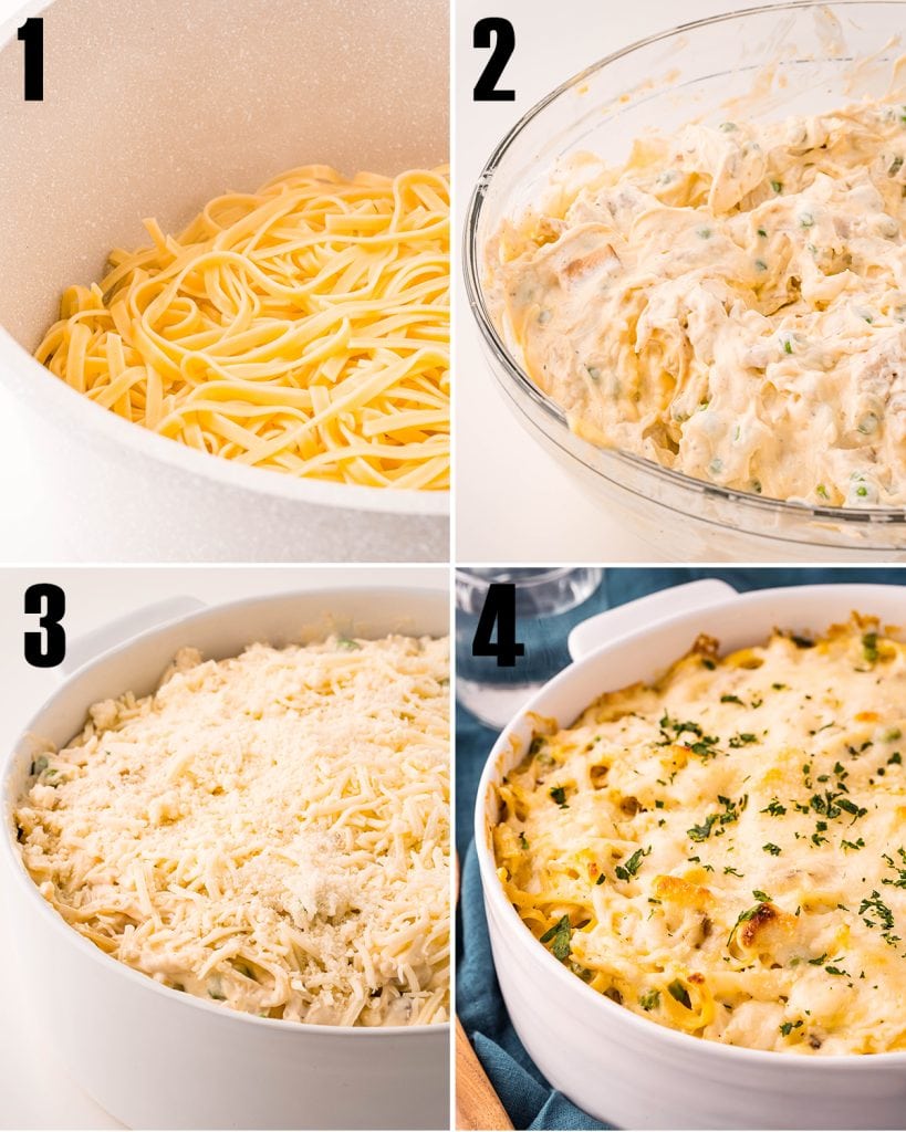 A collage of four images showing the steps of how to make chicken tetrazzini pasta.