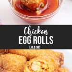 A collage of two photos of chicken egg rolls with a text block between them.