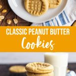 A collage of two photos of classic peanut butter cookies with a text block between them for Pinterest.