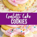 A collage of two photos of confetti cake cookies with a text block between them.