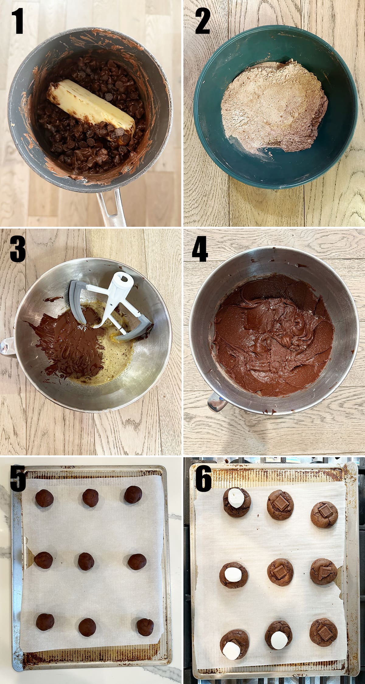 A collage of 6 photos showing the steps to make hot chocolate cookies.