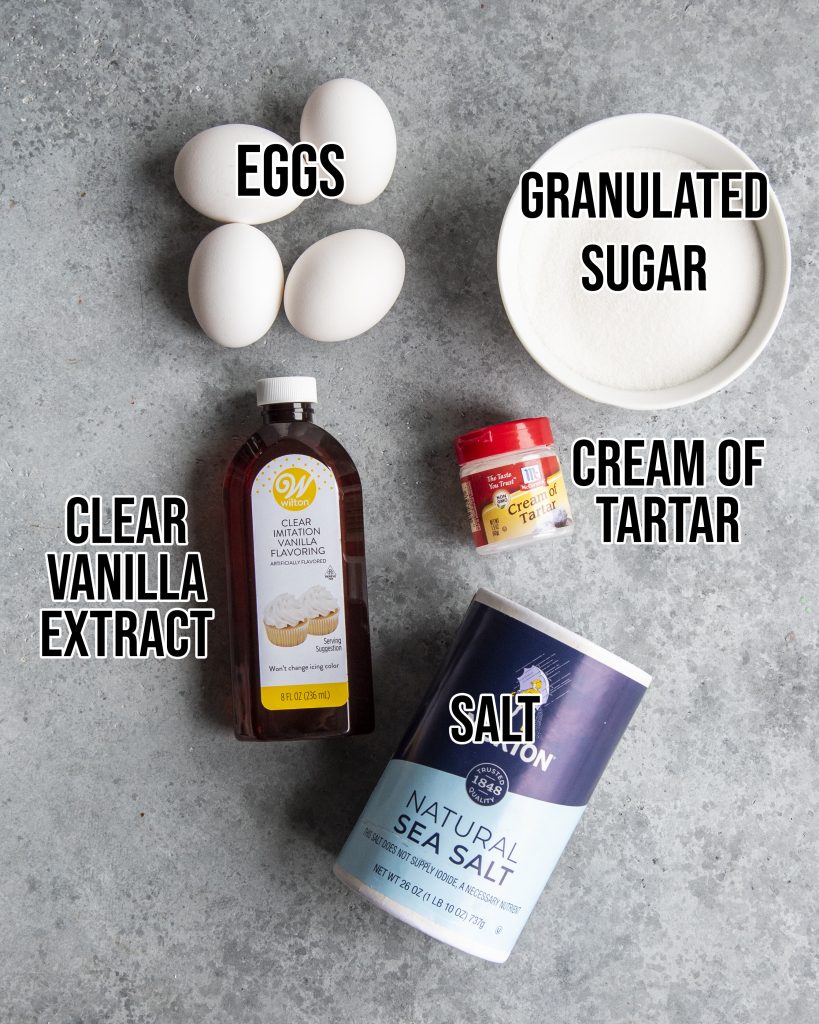 An overhead photo of the ingredients needed to make meringue cookies. 