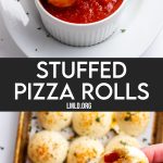 A collage of two photos of stuffed pizza rolls with a text block between them.