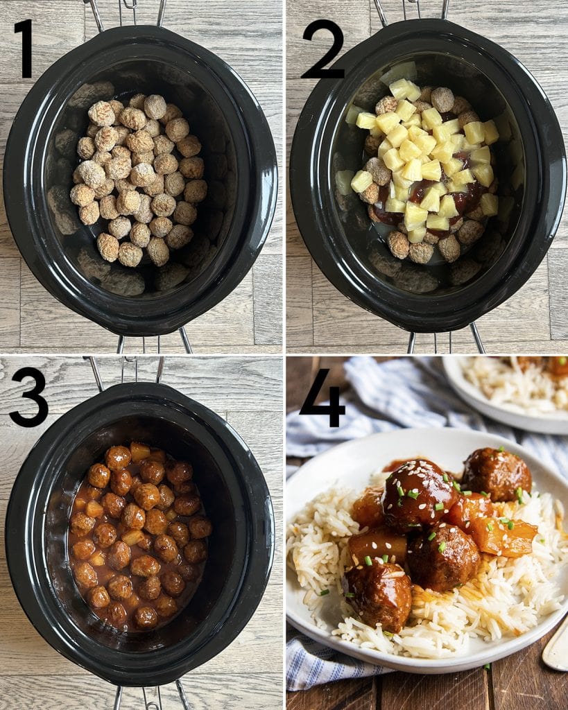 A collage of four photos showing the steps to make hawaiian meatballs in the crockpot.