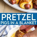 A collage of two photos of pretzel pigs in a blanket with a text block between them for pinterest.
