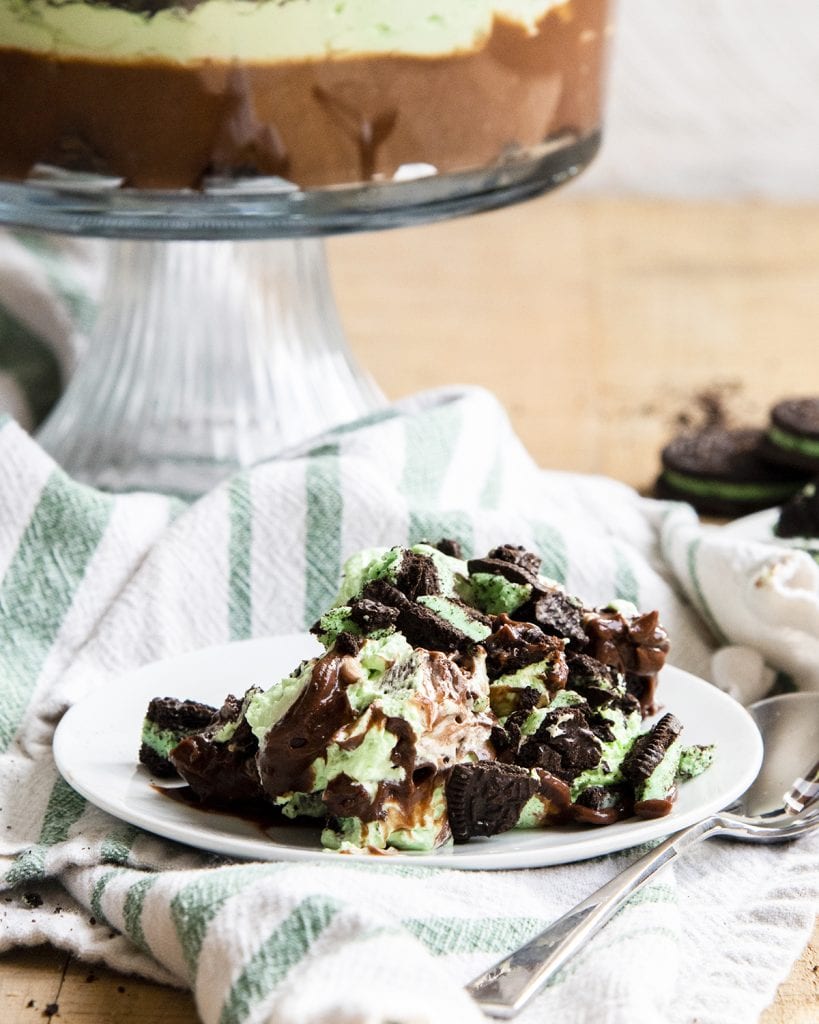 A plate of chocolate mint brownie trifle.