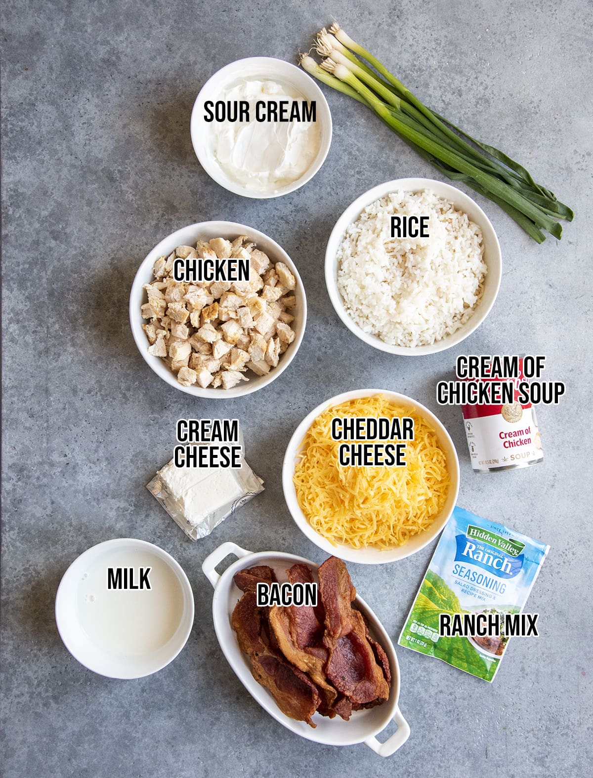 An overhead photo of the ingredients needed to make crack chicken casserole.