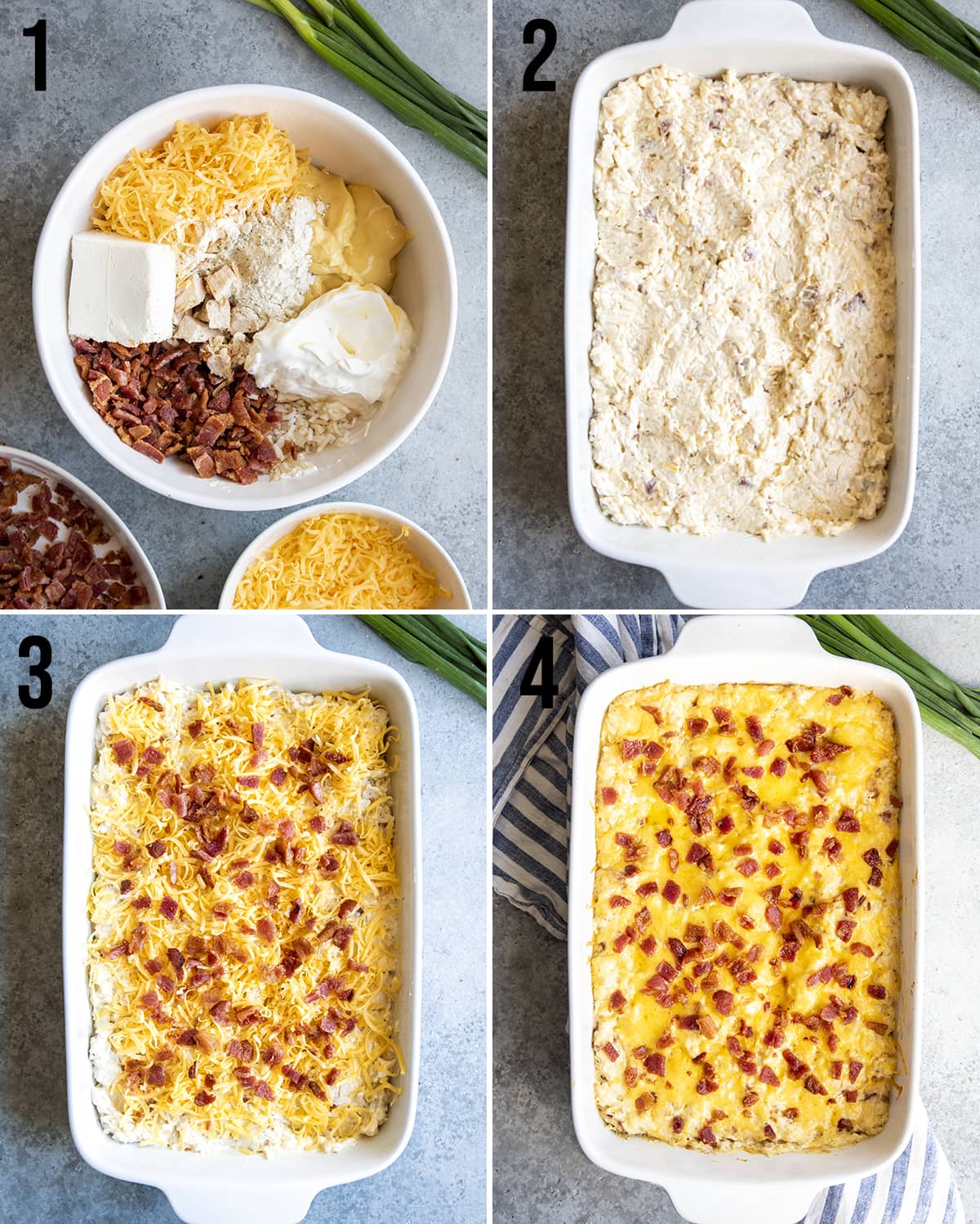 A collage of 4 photos showing how to make crack chicken casserole.