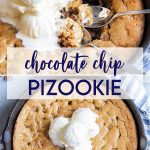 A collage of two photos of a chocolate chunk pizookie with a text block between them.