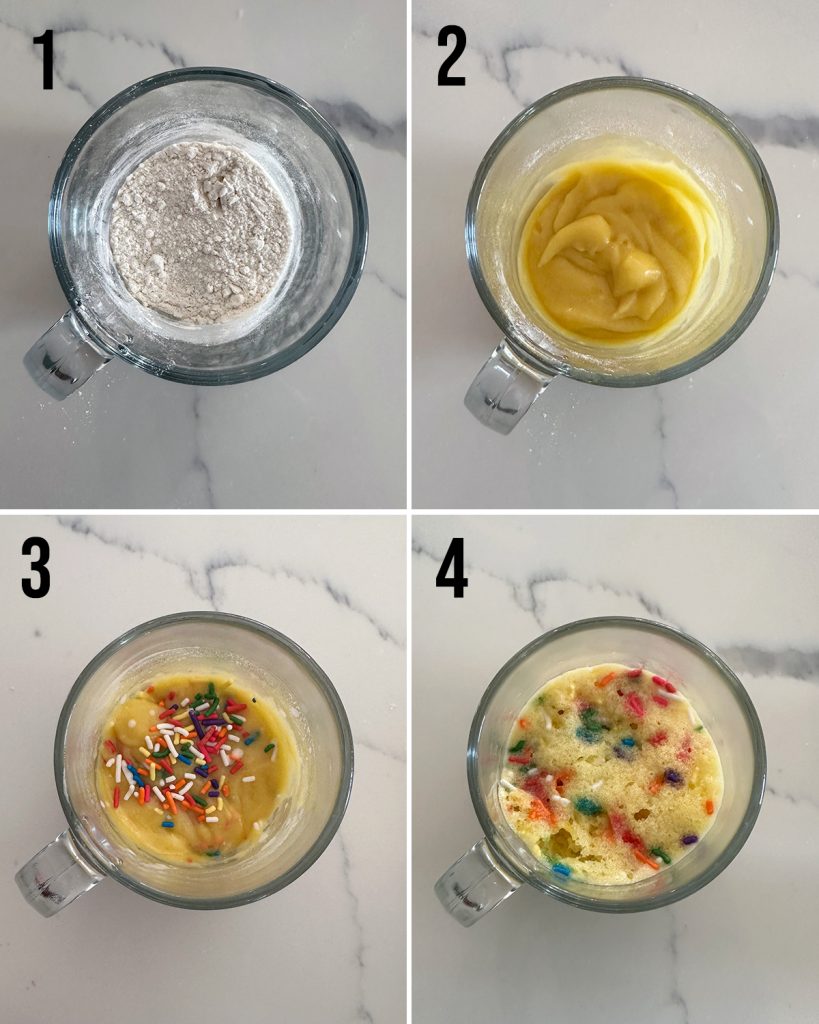 A collage of 4 photos showing the steps of how to make a funfetti mug cake in the microwave. 