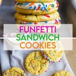 A collage of two photos of funfetti sandwich cookies with a text block between them.