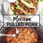 A collage of two photos of Mexican pulled pork with a text block between them for pinterest.