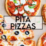 A collage of two photos of pita pizzas with a text block between them for pinterest.