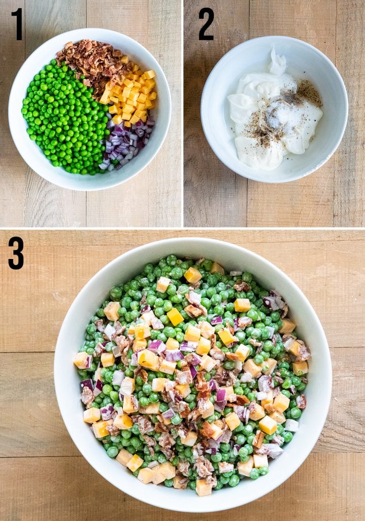 A collage of three photos showing how to make bacon pea salad.