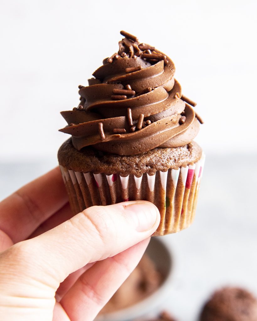 A hand holding a chocolate cupcake with chocolate buttercream frosting on top.