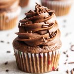 A chocolate cupcake topped with chocolate frosting, and chocolate jimmie sprinkles.