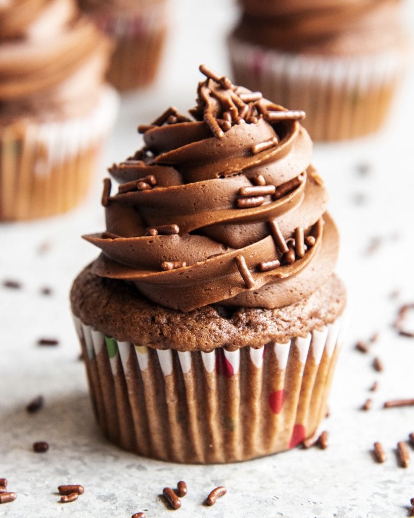 A chocolate cupcake topped with chocolate frosting, and chocolate jimmie sprinkles.