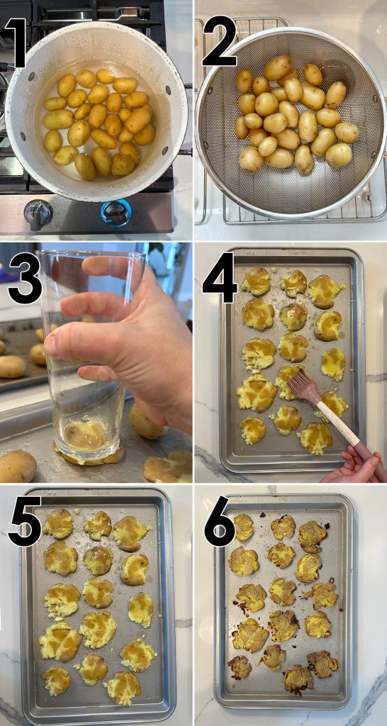 A collage of 6 photos showing the steps for how to make crispy smashed potatoes as outlined in the text above.