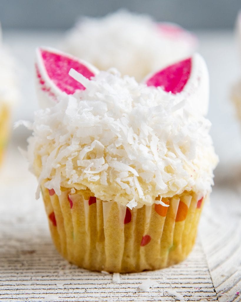 An Easter Bunny cupcake decorated with shredded coconut on top of a buttercream frosting and bunny ears made out of marshmallows and sprinkles.