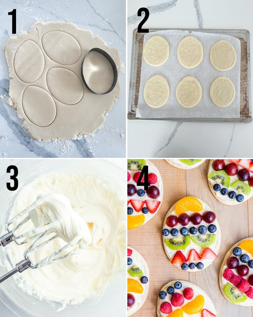 A collage of 4 photos showing the steps of how to make Easter Egg Fruit Pizza Cookies. 