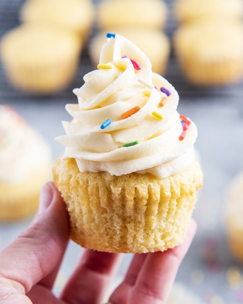 A hand holding a vanilla cupcake topped with vanilla buttercream and sprinkles.
