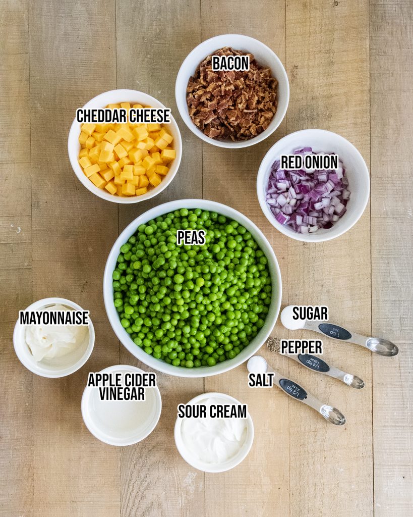 An overhead photo of the ingredients needed to make bacon pea salad.