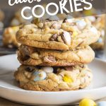 A stack of three cadbury egg and chocolate chip cookies with a text block over the top for pinterest.