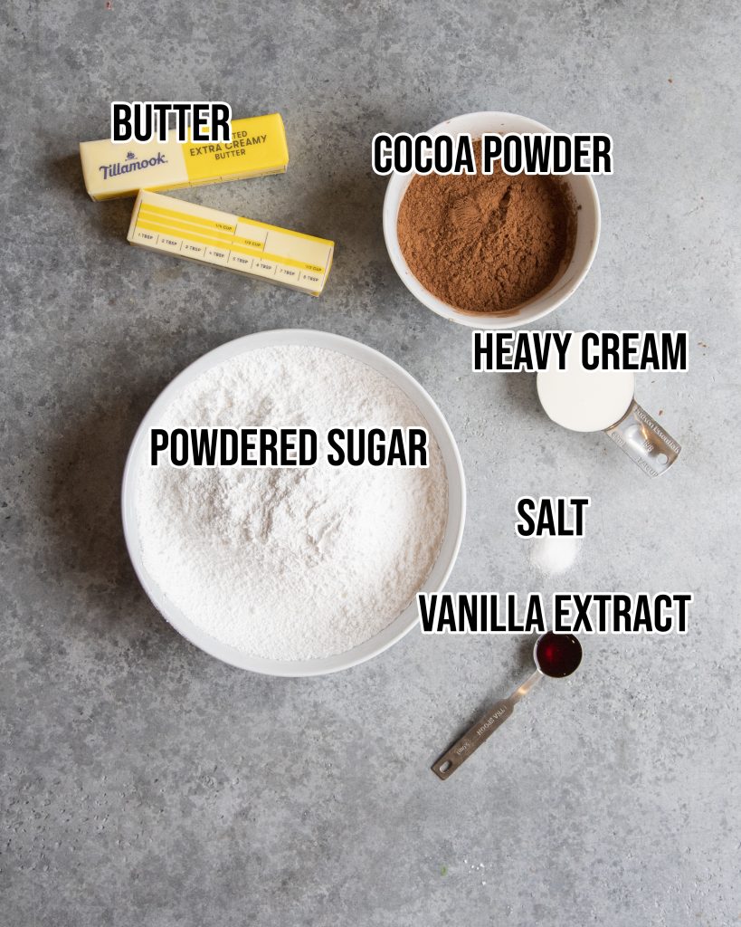An overhead photo of the ingredients needed to make chocolate buttercream frosting.